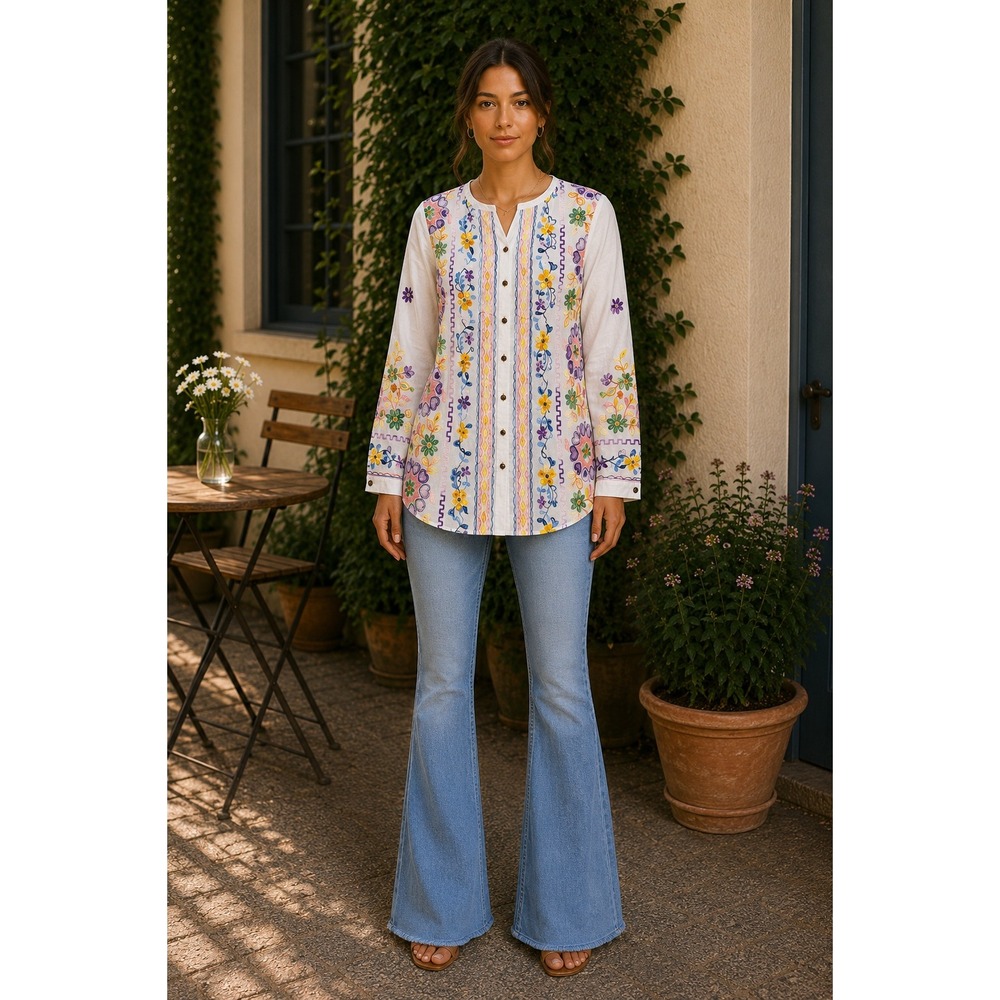 Aratta Silent Journey Floral Embroidered Button Down Tunic White ED18A317
